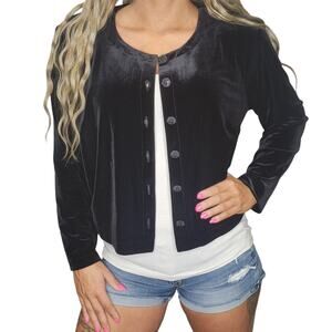 Vintage Velour Cardigan Womens Medium Small Black Long Sleeve Shiny Button Up